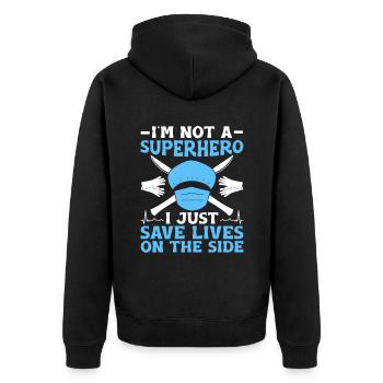 Ich bin kein Superheld, ich rette nur nebenbei Leben - Unisex Premium Bio Zip Hoodie - Schwarz - Hinten - Nico (187cm)