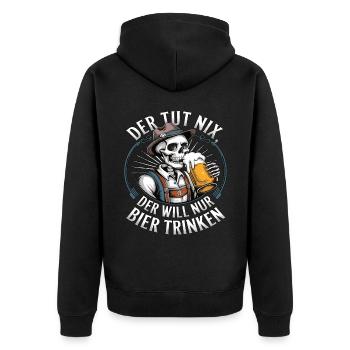 Der Tut Nix, Der Will Nur Bier Trinken - Unisex Premium Bio Zip Hoodie - Schwarz - Hinten - Nico (187cm)