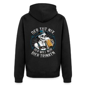 Der Tut Nix, Der Will Nur Bier Trinken - Unisex Premium Bio Zip Hoodie - Schwarz - Hinten - Nico (187cm)