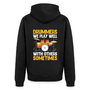 Trommler Wir spielen gut mit anderen Manchmal trommeln wir - Unisex Premium Bio Zip Hoodie - Schwarz - Hinten - Nico (187cm)