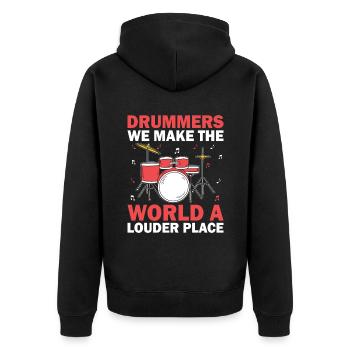 Trommler Wir machen die Welt zu einem lauteren Ort Schlagzeuger - Unisex Premium Bio Zip Hoodie - Schwarz - Hinten - Nico (187cm)