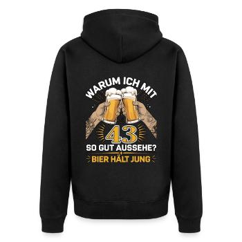 Pourquoi est-ce que j’ai l’air si bien à 43 ans ? La bière vous garde jeune - Veste à capuche bio Premium Unisexe - noir - Dos - Nico (187cm)