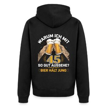 Pourquoi est-ce que j’ai l’air si bien à 45 ans ? La bière vous garde jeune - Veste à capuche bio Premium Unisexe - noir - Dos - Nico (187cm)