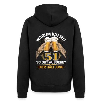 Pourquoi est-ce que j’ai l’air si bien à 51 ans ? La bière vous garde jeune - Veste à capuche bio Premium Unisexe - noir - Dos - Nico (187cm)