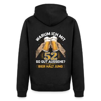 Pourquoi est-ce que j’ai l’air si bien à 52 ans ? La bière vous garde jeune - Veste à capuche bio Premium Unisexe - noir - Dos - Nico (187cm)