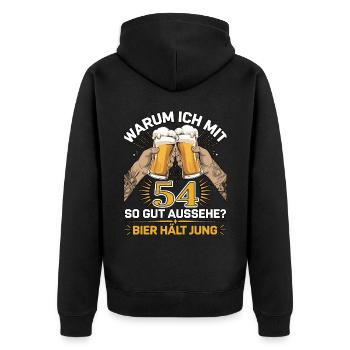 Pourquoi est-ce que j’ai l’air si bien à 54 ans ? La bière vous garde jeune - Veste à capuche bio Premium Unisexe - noir - Dos - Nico (187cm)