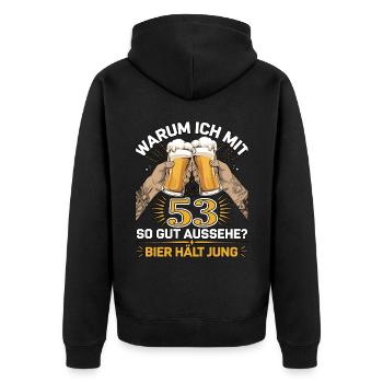 Pourquoi est-ce que j’ai l’air si bien à 53 ans ? La bière vous garde jeune - Veste à capuche bio Premium Unisexe - noir - Dos - Nico (187cm)