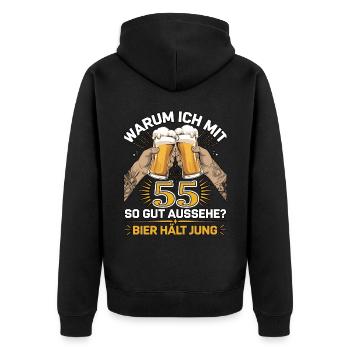 Pourquoi est-ce que j’ai l’air si bien à 55 ans ? La bière vous garde jeune - Veste à capuche bio Premium Unisexe - noir - Dos - Nico (187cm)