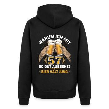 Pourquoi est-ce que j’ai l’air si bien à 57 ans ? La bière vous garde jeune - Veste à capuche bio Premium Unisexe - noir - Dos - Nico (187cm)