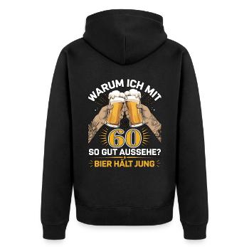 Pourquoi est-ce que j’ai l’air si bien à 60 ans ? La bière vous garde jeune - Veste à capuche bio Premium Unisexe - noir - Dos - Nico (187cm)