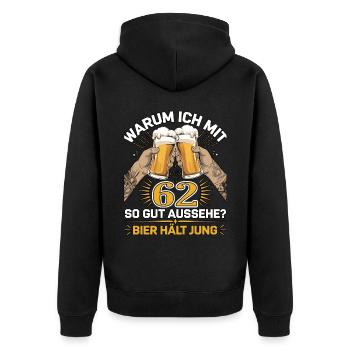 Pourquoi est-ce que j’ai l’air si bien à 62 ans ? La bière vous garde jeune - Veste à capuche bio Premium Unisexe - noir - Dos - Nico (187cm)