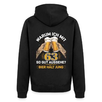 Pourquoi est-ce que j’ai l’air si bien à 63 ans ? La bière vous garde jeune - Veste à capuche bio Premium Unisexe - noir - Dos - Nico (187cm)