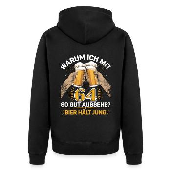 Pourquoi est-ce que j’ai l’air si bien à 64 ans ? La bière vous garde jeune - Veste à capuche bio Premium Unisexe - noir - Dos - Nico (187cm)