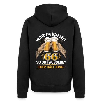 Pourquoi est-ce que j’ai l’air si bien à 66 ans ? La bière vous garde jeune - Veste à capuche bio Premium Unisexe - noir - Dos - Nico (187cm)