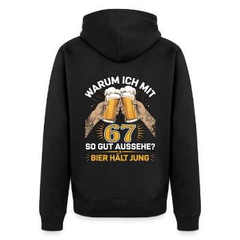 Pourquoi est-ce que j’ai l’air si bien à 67 ans ? La bière vous garde jeune - Veste à capuche bio Premium Unisexe - noir - Dos - Nico (187cm)