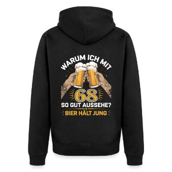 Pourquoi est-ce que j’ai l’air si bien à 68 ans ? La bière vous garde jeune - Veste à capuche bio Premium Unisexe - noir - Dos - Nico (187cm)