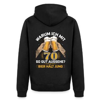 Pourquoi est-ce que j’ai l’air si bien à 70 ans ? La bière vous garde jeune - Veste à capuche bio Premium Unisexe - noir - Dos - Nico (187cm)