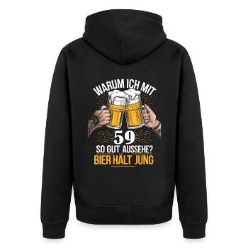 Pourquoi est-ce que j’ai l’air si bien à 59 ans ? La bière vous garde jeune - Veste à capuche bio Premium Unisexe - noir - Dos - Nico (187cm)