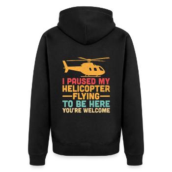 Ich pausierte meinen Hubschrauberflug, um hier zu sein, du bist wir - Unisex Premium Bio Zip Hoodie - Schwarz - Hinten - Nico (187cm)