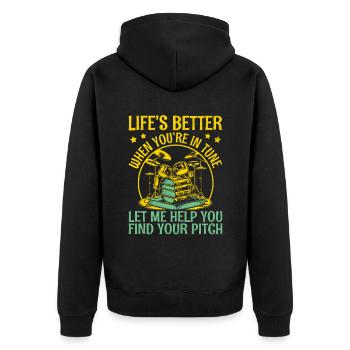 Das Leben ist besser, wenn du im Einklang bist Lass mich helfen Musi - Unisex Premium Bio Zip Hoodie - Schwarz - Hinten - Nico (187cm)