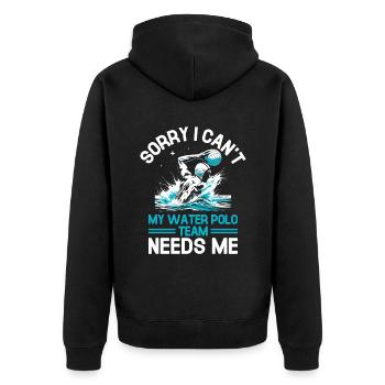 Tut mir leid, dass ich nicht kann Mein Wasserballteam braucht mich im Wasser - Unisex Premium Bio Zip Hoodie - Schwarz - Hinten - Nico (187cm)