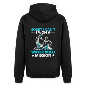 Tut mir leid, ich kann nicht, ich bin auf einer Wasserball-Mission Aquatic - Unisex Premium Bio Zip Hoodie - Schwarz - Hinten - Nico (187cm)