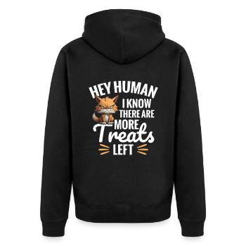 Katze, Mensch, Ich Weiß, Dass Noch Mehr Leckereien - Unisex Premium Bio Zip Hoodie - Schwarz - Hinten - Nico (187cm)