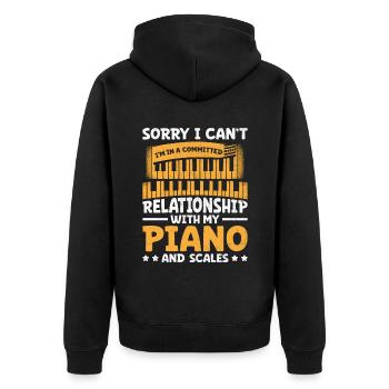 Tut mir leid, ich kann nicht, ich bin in einer festen Beziehung mit - Unisex Premium Bio Zip Hoodie - Schwarz - Hinten - Nico (187cm)