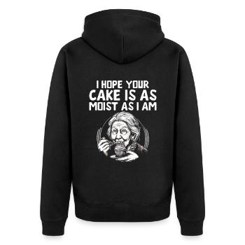 Ich hoffe, dein Kuchen ist so saftig wie ich backe Bake B - Unisex Premium Bio Zip Hoodie - Schwarz - Hinten - Nico (187cm)