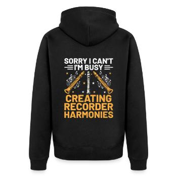 Tut mir leid, ich kann nicht, ich bin damit beschäftigt, Blockflötenharmonien zu erstellen - Unisex Premium Bio Zip Hoodie - Schwarz - Hinten - Nico (187cm)