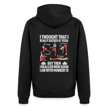 Ich Dachte, Ich Wäre Beim Yoga Wirklich Scheiße, - Unisex Premium Bio Zip Hoodie - Schwarz - Hinten - Nico (187cm)