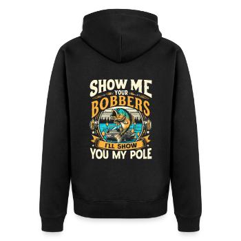 Zeig mir deine Bobber Ich zeige dir meine Angelrute - Unisex Premium Bio Zip Hoodie - Schwarz - Hinten - Nico (187cm)