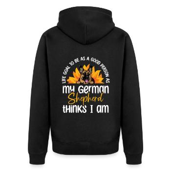 Lebensziel: So ein guter Mensch zu sein wie mein deutscher Schäfer - Unisex Premium Bio Zip Hoodie - Schwarz - Hinten - Nico (187cm)