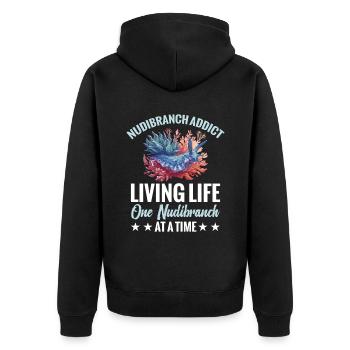 Nudibranch Addict Lebt Das Leben Auf - Unisex Premium Bio Zip Hoodie - Schwarz - Hinten - Nico (187cm)