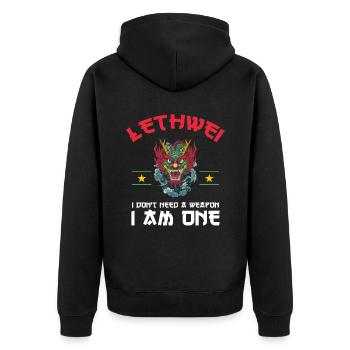 Lethwei, Ich Brauche Keine Waffe, Ich Bin Eine - Unisex Premium Bio Zip Hoodie - Schwarz - Hinten - Nico (187cm)