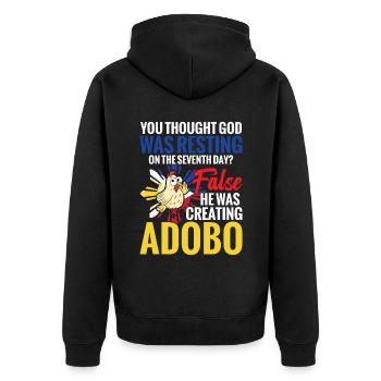 Sie Dachten, Gott Würde Sich Am Siebten Tag - Unisex Premium Bio Zip Hoodie - Schwarz - Hinten - Nico (187cm)