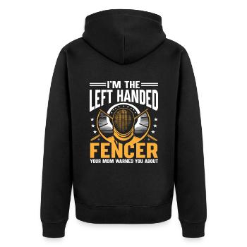 Ich bin der linkshändige Fechter, den deine Mutter gewarnt hat - Unisex Premium Bio Zip Hoodie - Schwarz - Hinten - Nico (187cm)
