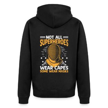 Nicht alle Superhelden tragen Umhänge, manche tragen Masken - Unisex Premium Bio Zip Hoodie - Schwarz - Hinten - Nico (187cm)