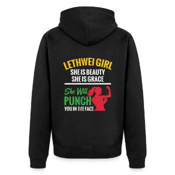 Lethwei Mädchen, Sie Ist Schönheit, Sie Ist Gnade, - Unisex Premium Bio Zip Hoodie - Schwarz - Hinten - Nico (187cm)