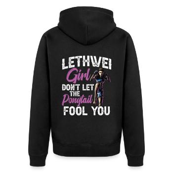 Lethwei Girl, Don't Let Your Ponytail - Unisex Premium Organic Zip Hoodie - black - Back - Nico (187cm)
