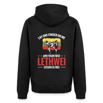 Lege Einen Finger Auf Mich Und Deine Erste - Unisex Premium Bio Zip Hoodie - Schwarz - Hinten - Nico (187cm)