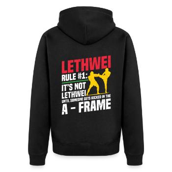 Lethwei Ist Kein Sport, Sondern Ein Lebensstil - Unisex Premium Bio Zip Hoodie - Schwarz - Hinten - Nico (187cm)