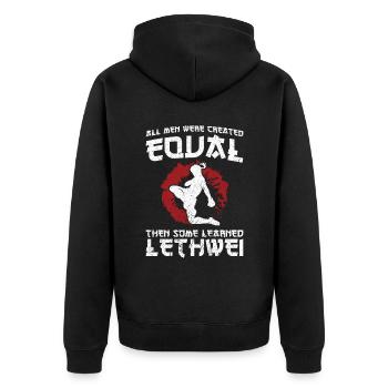 Alle Menschen Wurden Gleich Geschaffen, Damals - Unisex Premium Bio Zip Hoodie - Schwarz - Hinten - Nico (187cm)