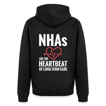 Nhas Sind Der Herzschlag Der Langzeitpflege. - Unisex Premium Bio Zip Hoodie - Schwarz - Hinten - Nico (187cm)