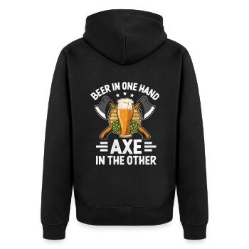 Bier in der einen Hand, Axt in der anderen Beil werfen - Unisex Premium Bio Zip Hoodie - Schwarz - Hinten - Nico (187cm)