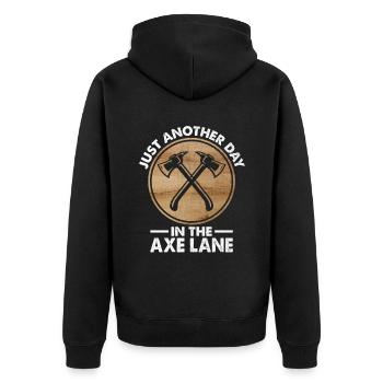 Nur ein weiterer Tag in der Axtgasse Beilwerfen - Unisex Premium Bio Zip Hoodie - Schwarz - Hinten - Nico (187cm)