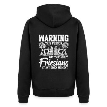 Warning: This person can talk about Frisians - Unisex Premium Organic Zip Hoodie - black - Back - Nico (187cm)