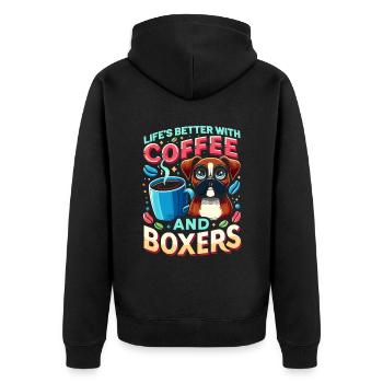 Das Leben ist besser mit Kaffee und Boxershorts Koffein - Unisex Premium Bio Zip Hoodie - Schwarz - Hinten - Nico (187cm)
