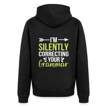 Ich korrigiere im Stillen deinen Grammatik-Sarkasmus - Unisex Premium Bio Zip Hoodie - Schwarz - Hinten - Nico (187cm)