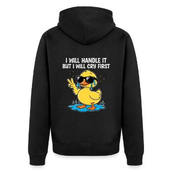 Ich werde damit umgehen Sarkasmus Sarkastisch - Unisex Premium Bio Zip Hoodie - Schwarz - Hinten - Nico (187cm)